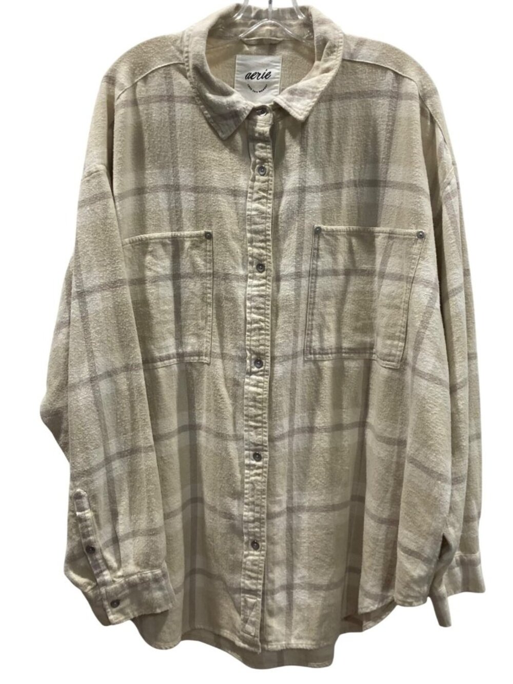 Aerie Flannel Plaid Button Down Shirt XL Beige Grunge Baggy Oversized Relax Fit